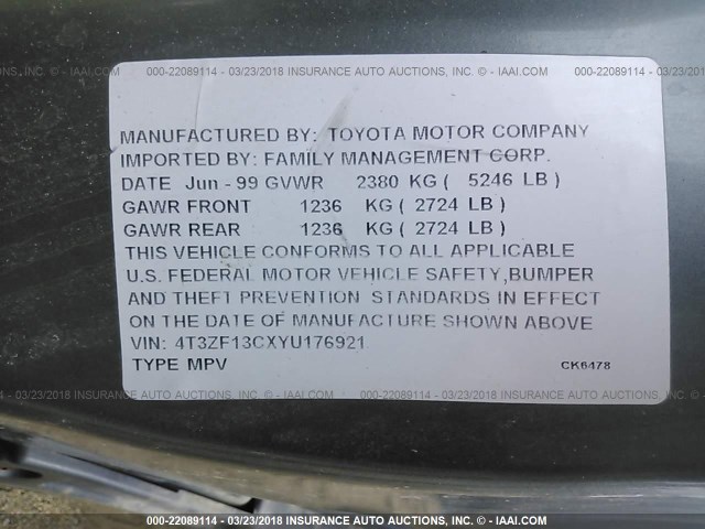 4T3ZF13CXYU176921 - 2000 TOYOTA SIENNA LE/XLE GREEN photo 9