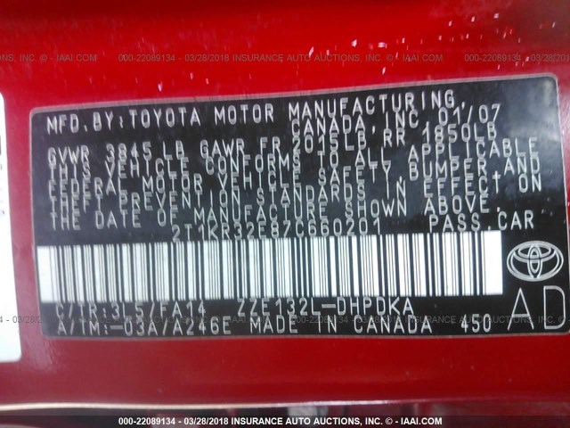 2T1KR32E87C660201 - 2007 TOYOTA COROLLA MATRIX XR RED photo 9