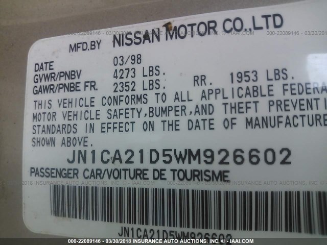 JN1CA21D5WM926602 - 1998 NISSAN MAXIMA GLE/GXE/SE GOLD photo 9