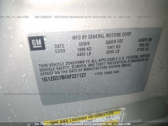 1G1ZG57B69F221127 - 2009 CHEVROLET MALIBU LS ოქროსფერი ფოტო 9