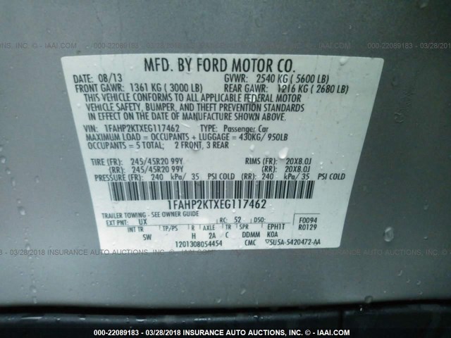 1FAHP2KTXEG117462 - 2014 FORD TAURUS SHO SILVER photo 9