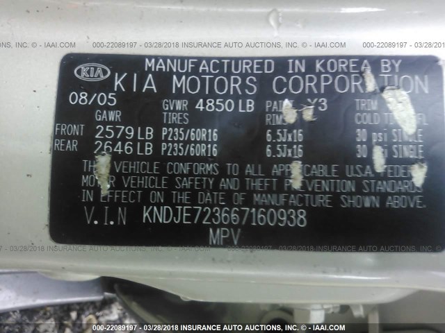 KNDJE723667160938 - 2006 KIA NEW SPORTAGE  Champagne photo 9