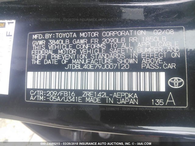 JTDBL40E79J007120 - 2009 TOYOTA COROLLA LE/XLE BLACK photo 9