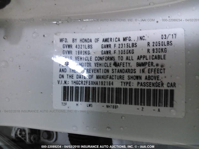 1HGCR2F5XHA192164 - 2017 HONDA ACCORD SPORT 白色 照片 9