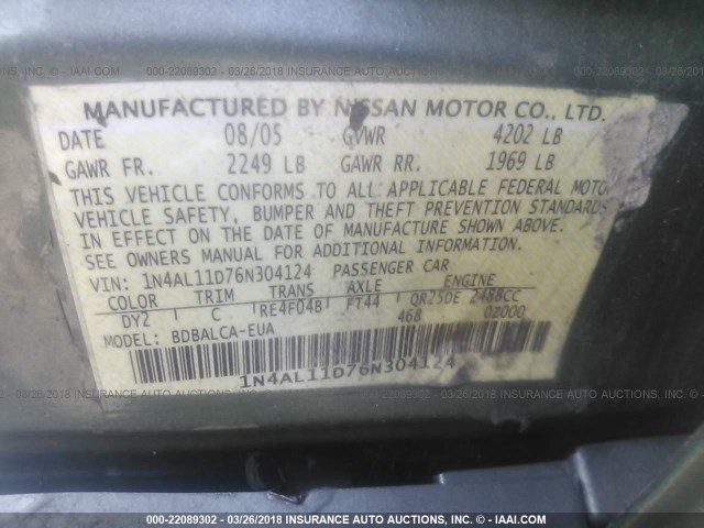 1N4AL11D76N304124 - 2006 NISSAN ALTIMA S/SL GREEN photo 9