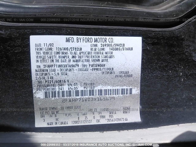 2FAHP71W03X165679 - 2003 FORD CROWN VICTORIA POLICE INTERCEPTOR BLACK photo 9