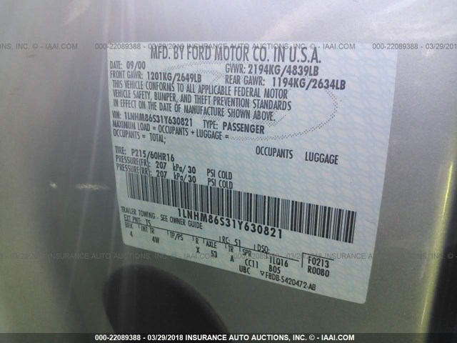 1LNHM86S31Y630821 - 2001 LINCOLN LS SILVER photo 9