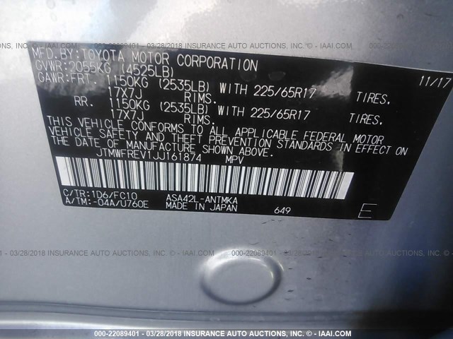 JTMWFREV1JJ161874 - 2018 TOYOTA RAV4 ADVENTURE/XLE 银色 照片 9