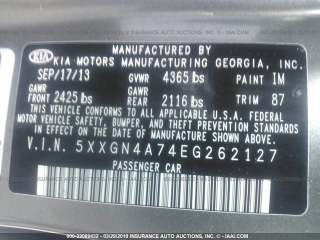 5XXGN4A74EG262127 - 2014 KIA OPTIMA EX GRAY photo 9