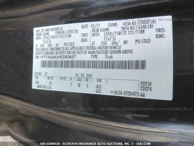 1FT7X2A63HED63657 - 2017 FORD F250 SUPER DUTY GRAY photo 9