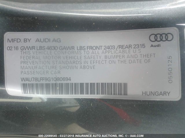 WAU78LFF9G1080694 - 2016 AUDI A3 PREMIUM GRAY photo 9