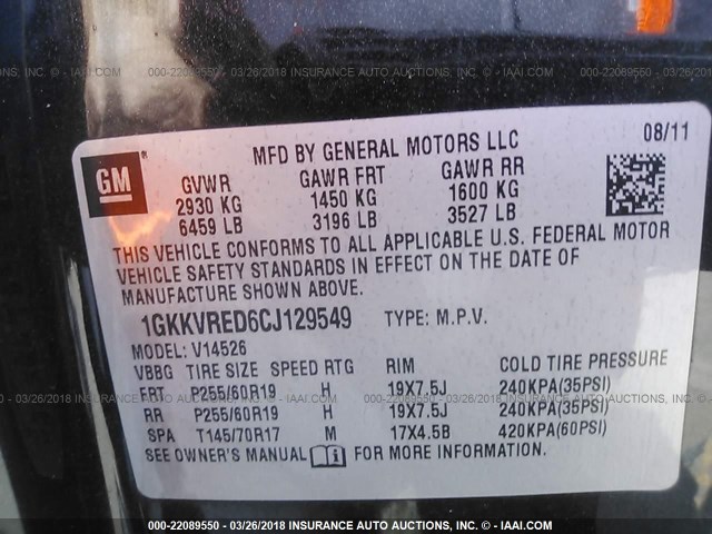 1GKKVRED6CJ129549 - 2012 GMC ACADIA SLT-1 Czarny zdjęcie 9