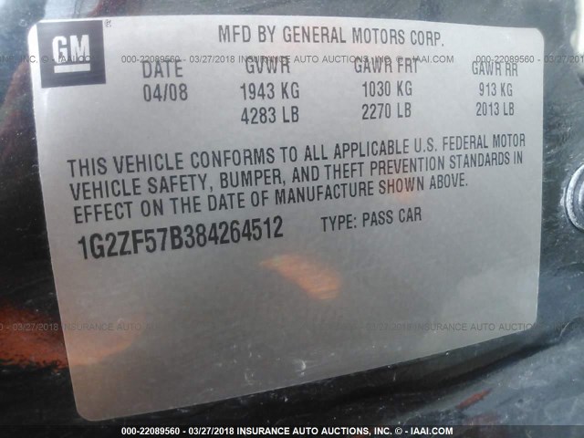 1G2ZF57B384264512 - 2008 PONTIAC G6 VALUE LEADER/BASE BLACK photo 9