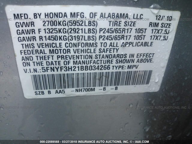 5FNYF3H21BB034266 - 2011 HONDA PILOT LX SILVER photo 9