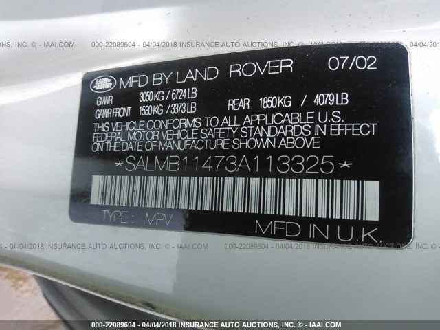 SALMB11473A113325 - 2003 LAND ROVER RANGE ROVER HSE WHITE photo 9