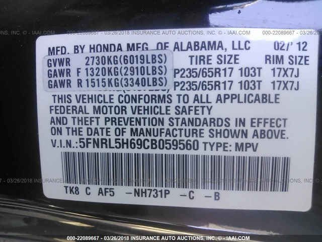 5FNRL5H69CB059560 - 2012 HONDA ODYSSEY EXL BLACK photo 9