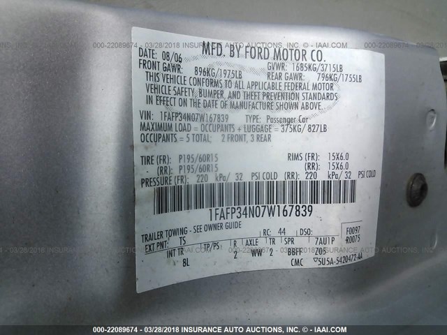 1FAFP34N07W167839 - 2007 FORD FOCUS ZX4/S/SE/SES GRAY photo 9