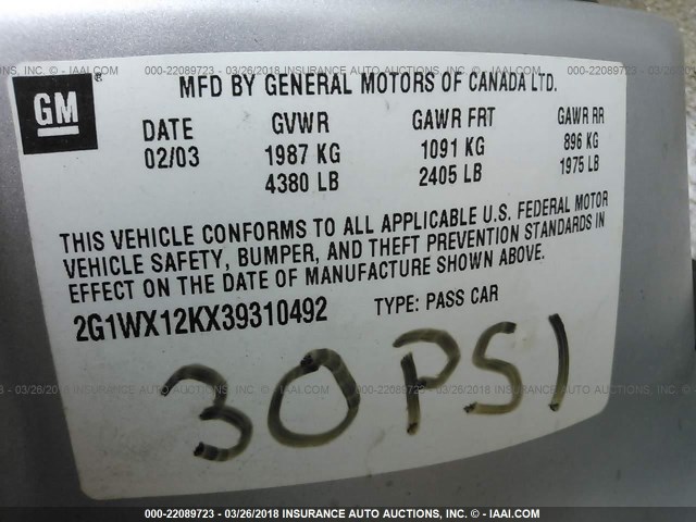 2G1WX12KX39310492 - 2003 CHEVROLET MONTE CARLO SS ვერცხლისფერი ფოტო 9