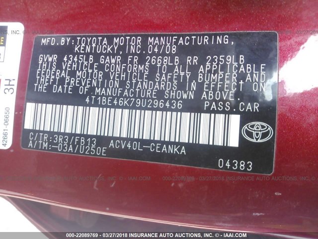4T1BE46K79U296436 - 2009 TOYOTA CAMRY SE/LE/XLE RED photo 9