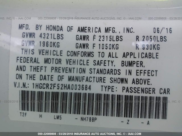 1HGCR2F52HA003684 - 2017 HONDA ACCORD SPORT 白色 照片 9