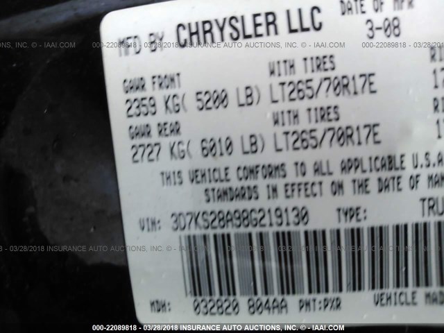 3D7KS28A98G219130 - 2008 DODGE RAM 2500 ST/SLT 黑色 照片 9