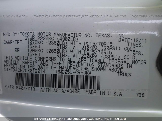 5TFTX4CN7CX012214 - 2012 TOYOTA TACOMA ACCESS CAB Weiß Foto 9