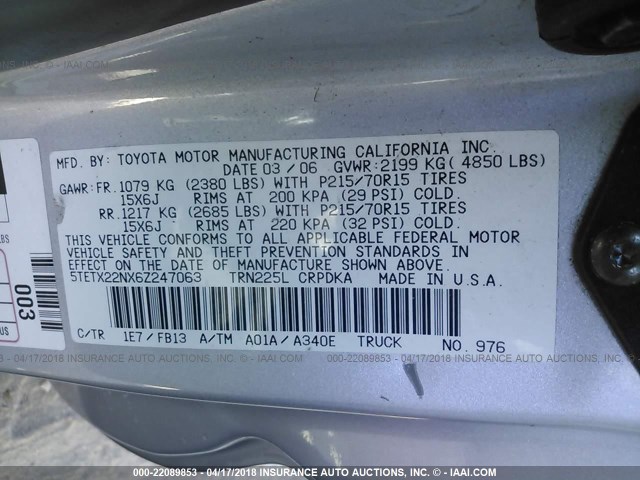 5TETX22NX6Z247063 - 2006 TOYOTA TACOMA ACCESS CAB Արծաթագույն լուսանկար 9