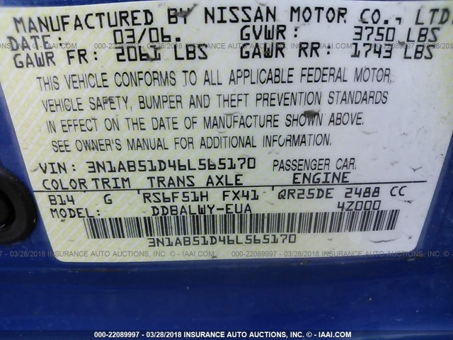 3N1AB51D46L565170 - 2006 NISSAN SENTRA SE-R SPEC V Light Blue photo 9