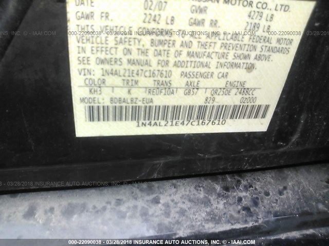 1N4AL21E47C167610 - 2007 NISSAN ALTIMA 2.5/2.5S BLACK photo 9