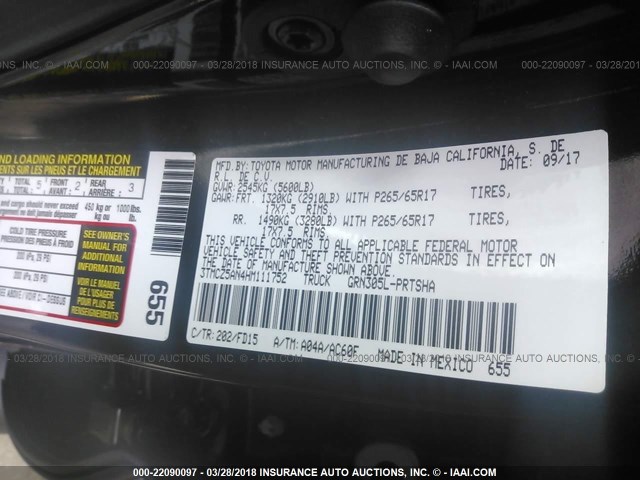 3TMCZ5AN4HM111752 - 2017 TOYOTA TACOMA DBL CAB/SR/TRDSPT/OR/PRO Қара фото 9