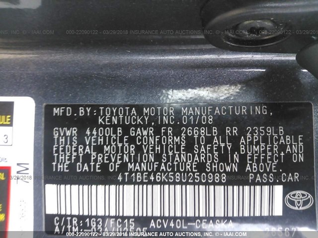 4T1BE46K58U250988 - 2008 TOYOTA CAMRY CE/LE/XLE/SE GRAY photo 9