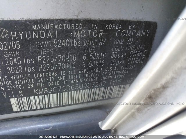 KM8SC73D65U987237 - 2005 HYUNDAI SANTA FE GLS/LX SILVER photo 9