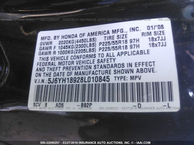 5J6YH18928L010845 - 2008 HONDA ELEMENT SC BLACK photo 9