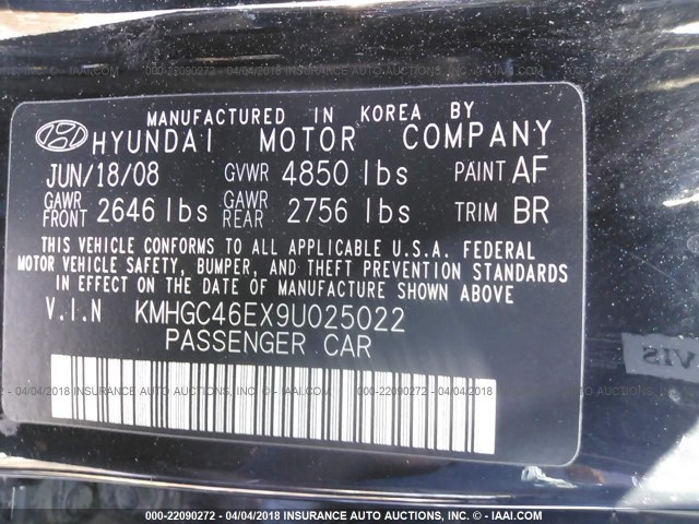 KMHGC46EX9U025022 - 2009 HYUNDAI GENESIS 3.8L BLACK photo 9