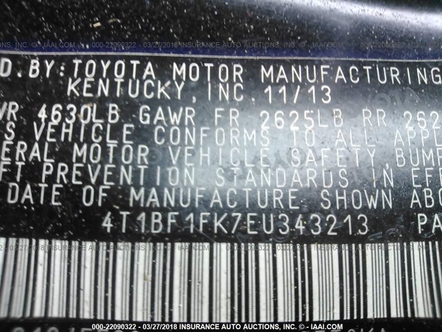 4T1BF1FK7EU343213 - 2014 TOYOTA CAMRY L/SE/LE/XLE BLACK photo 9