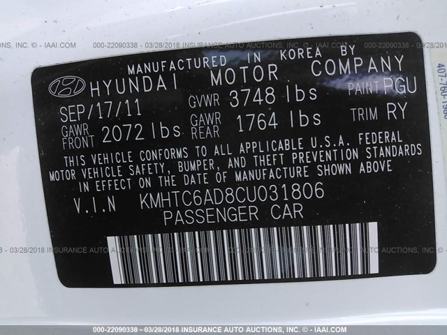 KMHTC6AD8CU031806 - 2012 HYUNDAI VELOSTER WHITE photo 9