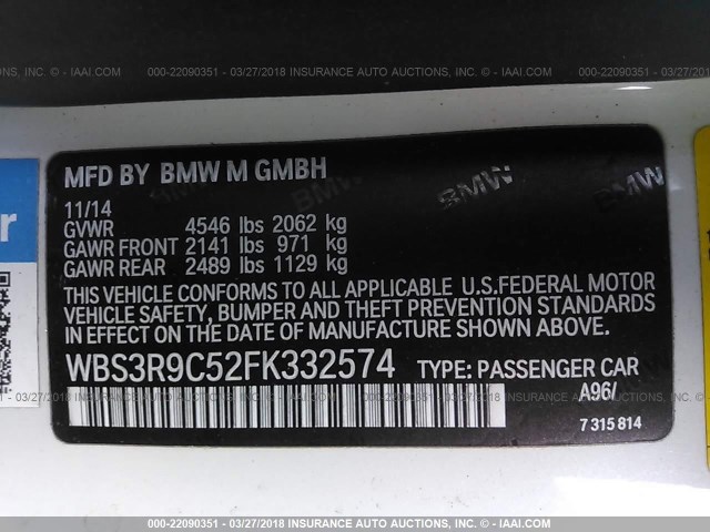 WBS3R9C52FK332574 - 2015 BMW M4 WHITE photo 9
