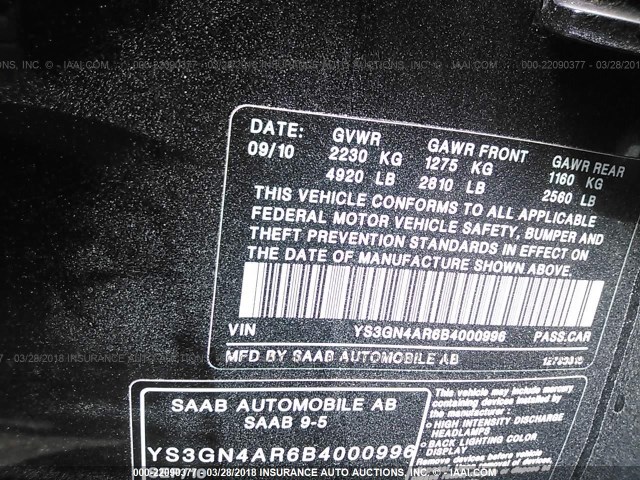 YS3GN4AR6B4000996 - 2011 SAAB 9-5 TURBO BLACK photo 9