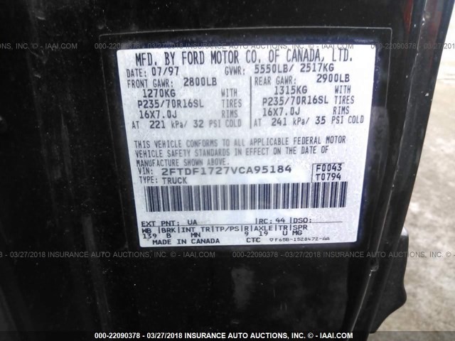 2FTDF1727VCA95184 - 1997 FORD F150 BLACK photo 9