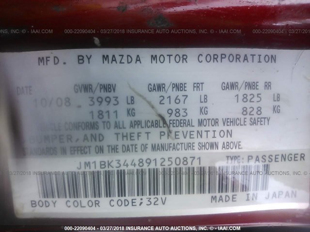 JM1BK344891250871 - 2009 MAZDA 3 S RED photo 9