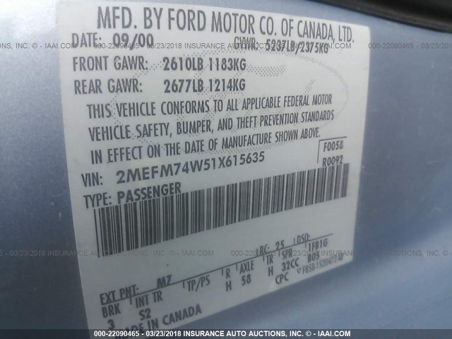 2MEFM74W51X615635 - 2001 MERCURY GRAND MARQUIS GS BLUE photo 9