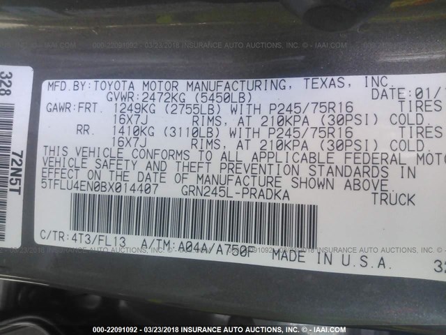 5TFLU4EN0BX014407 - 2011 TOYOTA TACOMA DOUBLE CAB ნაცრისფერი ფოტო 9