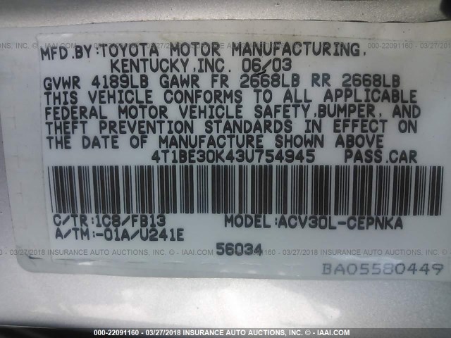 4T1BE30K43U754945 - 2003 TOYOTA CAMRY LE/XLE/SE SILVER photo 9