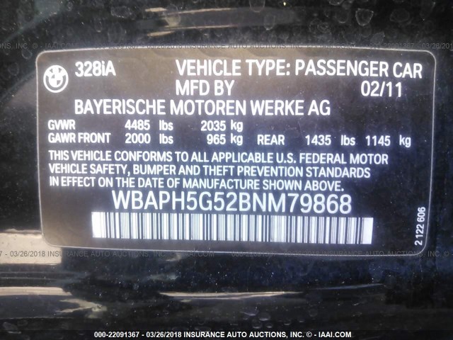 WBAPH5G52BNM79868 - 2011 BMW 328 I SULEV BLACK photo 9