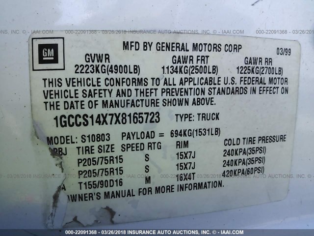 1GCCS14X7X8165723 - 1999 CHEVROLET S TRUCK S10 WHITE photo 9