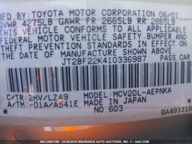JT2BF22K410336987 - 2001 TOYOTA CAMRY CE/LE/XLE GOLD photo 9