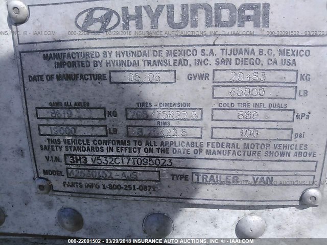 3H3V532C17T095023 - 2007 HYUNDAI STEEL INDUSTRIES DRY VAN  WHITE photo 9