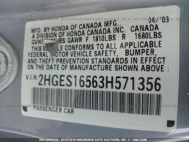 2HGES16563H571356 - 2003 HONDA CIVIC LX SILVER photo 9