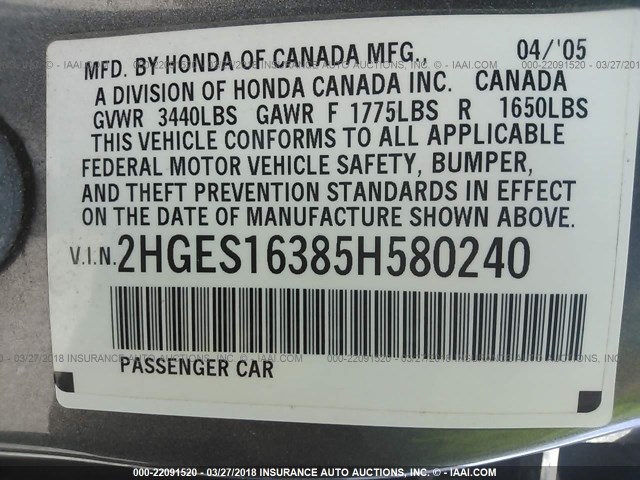 2HGES16385H580240 - 2005 HONDA CIVIC DX VP GRAY photo 9