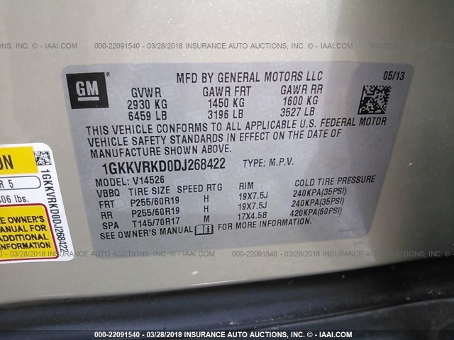 1GKKVRKD0DJ268422 - 2013 GMC ACADIA SLT-1 Złoty zdjęcie 9